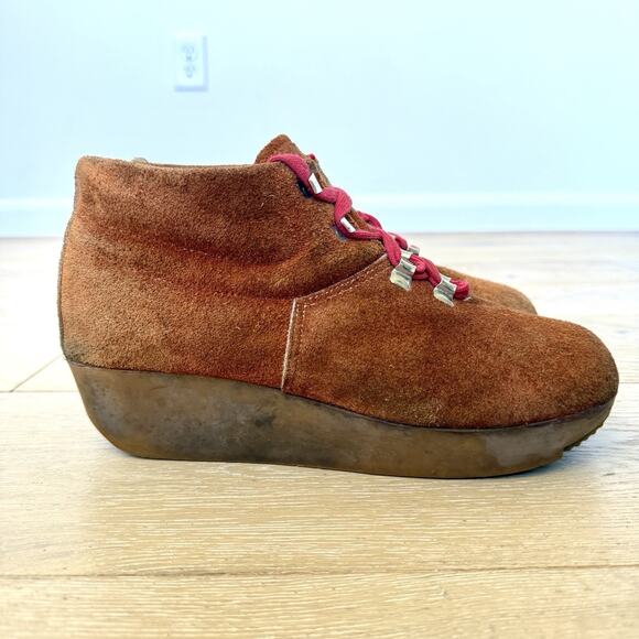 Vintage Brown Suede Hiking Boot red lining gum sole Wedge Lace Up Women 9 - Picture 5 of 10